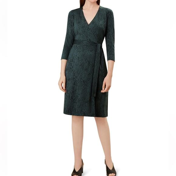 Hobbs London Delilah Snake Wrap Dress Mini Green Black 3/4 Sleeve 10 Animal - Picture 1 of 10